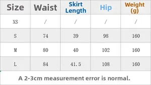 Size chart for high waist Y2K printed mini skirt with waist and hip measurements