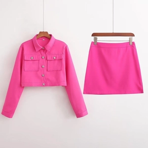 Veste à Revers Courte Fuchsia Y2K pour Femme et Mini-jupe à Taille Haute Top And Bottom Europe Hot Pink Manches Longues Streetwear