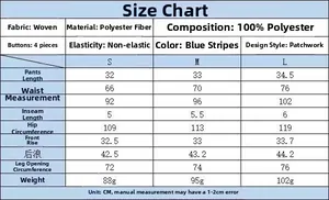 Size chart for women's striped shorts showing measurements for S, M, and L sizes