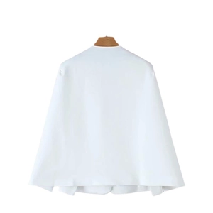 Back view of minimalist white split cape blazer jacket with sharp tailored silhouette