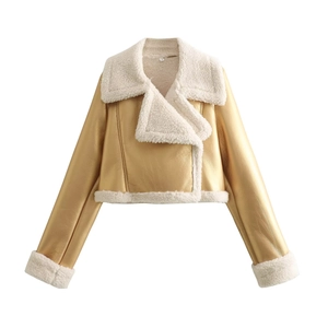 Women Y2K short faux leather jacket in gold metallic finish with white fleece lining