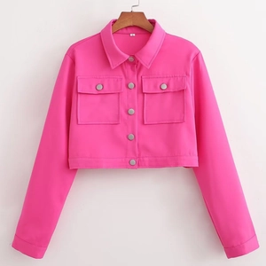 Veste courte Y2K rose fluo à manches longues et col à revers de couleur vive et unie