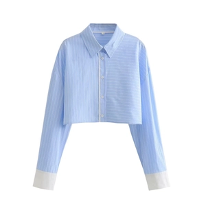 Women's Y2K sky blue striped cropped shirt with patchwork design and white cuffs