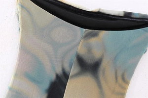 Close-up of Y2K floral mesh dress showing high-quality stitching and abstract print texture