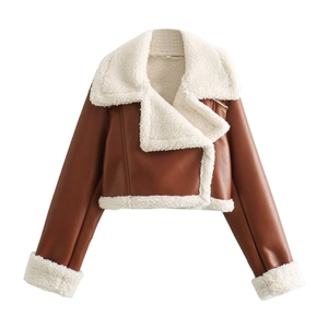 Short brown faux leather jacket with cream fleece collar and biker style for winter