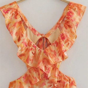 Abito midi estivo Y2K con stampa floreale arancione, scollo a V e balze sulle spalle