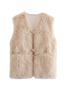 Gilet en Fausse Fourrure Y2K pour Femme Avec Boutons Brandebourg Chaud Sans Manches Veste Streetwear Couleur Unie Abricot