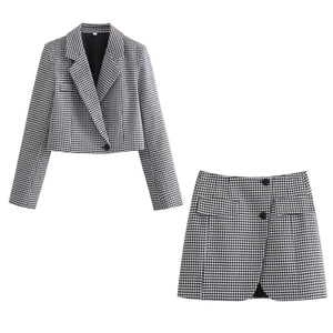 Ensemble Blazer Pied De Poule Et Mini Jupe Tenue Assortie Femmes Mode Manches Longues Court Streetwear Élégant