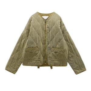 Giacca Imbottita in Cotone Trapuntato Girocollo da Donna Con Tasca Larga a Maniche Lunghe Verde Oliva Leggera Casual Capispalla Cappotto