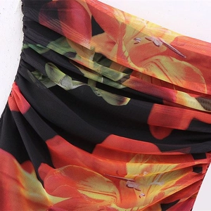 Y2K vintage floral print bandeau dress with ruched mesh fabric and orange blossoms