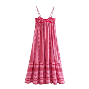 Pink bohemian crochet patchwork knit maxi dress with thin straps and geometric print