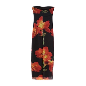 Y2K vintage floral print strapless bodycon dress in black and orange for summer