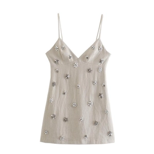 Elegante Abito Mini a Sottoveste Farina d'Avena Con Motivo Floreale in Strass Scollo a V Y2K Sexy Vita Alta Slim