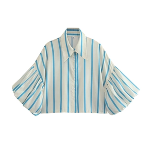 Camicia Y2K a righe blu e bianche da donna con maniche a sbuffo e chiusura a bottoni