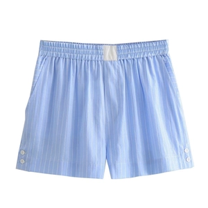 Women Y2K blue striped high-waisted shorts with elastic waistband and button details