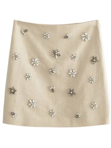 Chic beige Y2K A-line skirt with sparkling rhinestone flower embellishments and sequins