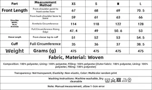 Detailed size chart for Y2K print jacket with dimensions for XS to L in centimeters