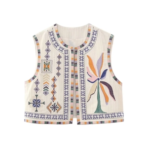 Women Ethnic Embroidery Vest Boho Palm Tree Y2K Sleeveless Waistcoat Open Front Textured Casual Fashion Summer Top