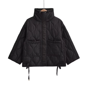 Women's black quilted high-collar puff jacket with gourd stitching and drawstring waist