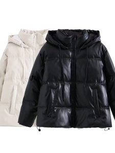 Veste Matelassée en Similicuir Femme Y2K à Capuche PU Manteau Rembourré de Coton Streetwear Chaud Hiver Noir Blanc