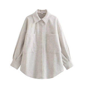 Minimalist light grey long sleeve shacket with lapel collar and large patch pockets