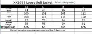 Detailed size chart and fabric specifications for the oversized lapel blazer jacket
