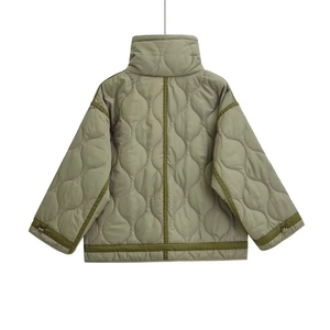Olive green quilted puffer jacket with turtleneck and loose fit for casual autumn wear