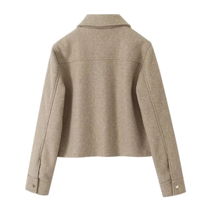Rear view detail of Y2K cropped wool blend jacket in light camel with buttoned cuffs