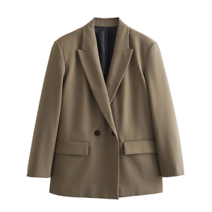 Detailed view of neutral earth-tone blazer with lapel collar and flap pocket details