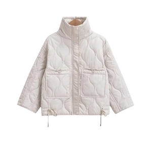Chic off-white quilted puffer jacket with high collar and drawstring oversized pockets