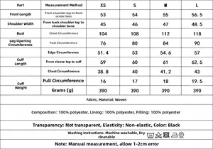 Detailed size chart for women's Y2K fashion bomber jacket with 100% polyester filling