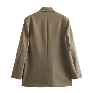 Back view of brown lapel blazer with clean lines and high-quality vertical drape fabric