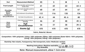 Tableau des tailles détaillé avec guide de mesure pour veste rembourrée Y2K imprimée