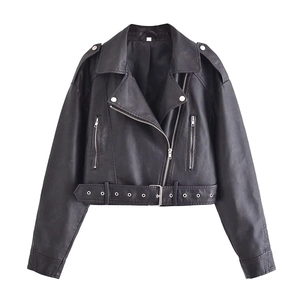 Detailed view of black faux leather biker jacket with silver zippers and waist belt
