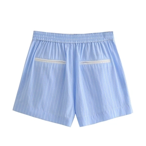 Detail view of light blue striped shorts with elastic waist and back pockets