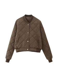 Brown quilted Y2K bomber jacket with silver metal buttons and ribbed cuffs on white background