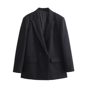 Detail view of black notched lapel and round button on a women's tailored blazer jacket