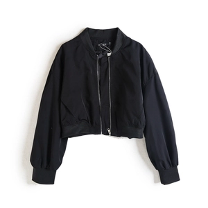 Blouson aviateur court noir Y2K pour femme avec col côtelé et fermeture éclair