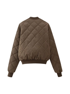 Short quilted bomber jacket for women in dark brown featuring a rear view design