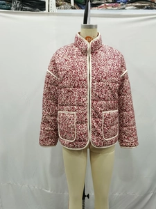 Veste Matelassée Florale Vintage Femme Décontractée Col Montant Manches Longues Manteau de Coton Rembourré Automne Hiver