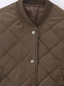 Brown quilted Y2K bomber jacket with baseball collar and silver metal button details