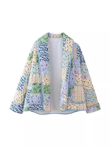 Vintage Women Y2K Patchwork Floral Quilted Jacket Loose Open Front Boho Lightweight Cotton Padded Outerwear With Patch Pockets