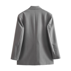 Back view of a minimalist grey long sleeve blazer for women with smooth texture