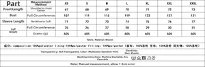 Detailed size chart for Y2K floral quilted jacket showing measurements from XS to 3XL