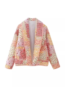 Y2K floral patchwork quilted cotton jacket with shawl collar and symmetrical pockets