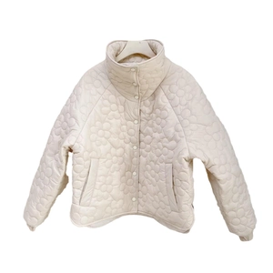 Damen Steppjacke mit Blumenmuster Lässig Stehkragen Einreihig Locker Beige Baumwollmantel Herbst Winter Streetwear Oberbekleidung