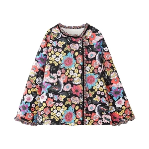 Detail of floral quilted jacket featuring ruffled collar and warm plush lining inside