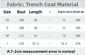 Detailed size chart for short trench coat showing chest, length, and sleeve measurements