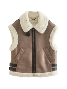 Women Retro Faux Shearling Vest Suede Lamb Wool Thickened Sleeveless Jacket Loose Zipper Winter Outercoat With Lapel Pockets