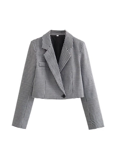 Damen Schwarz Weiß Hahnentritt Kurzblazer Wickel Minirock Set Europäische Mode Y2K Gewebt Langarm Top Bottom